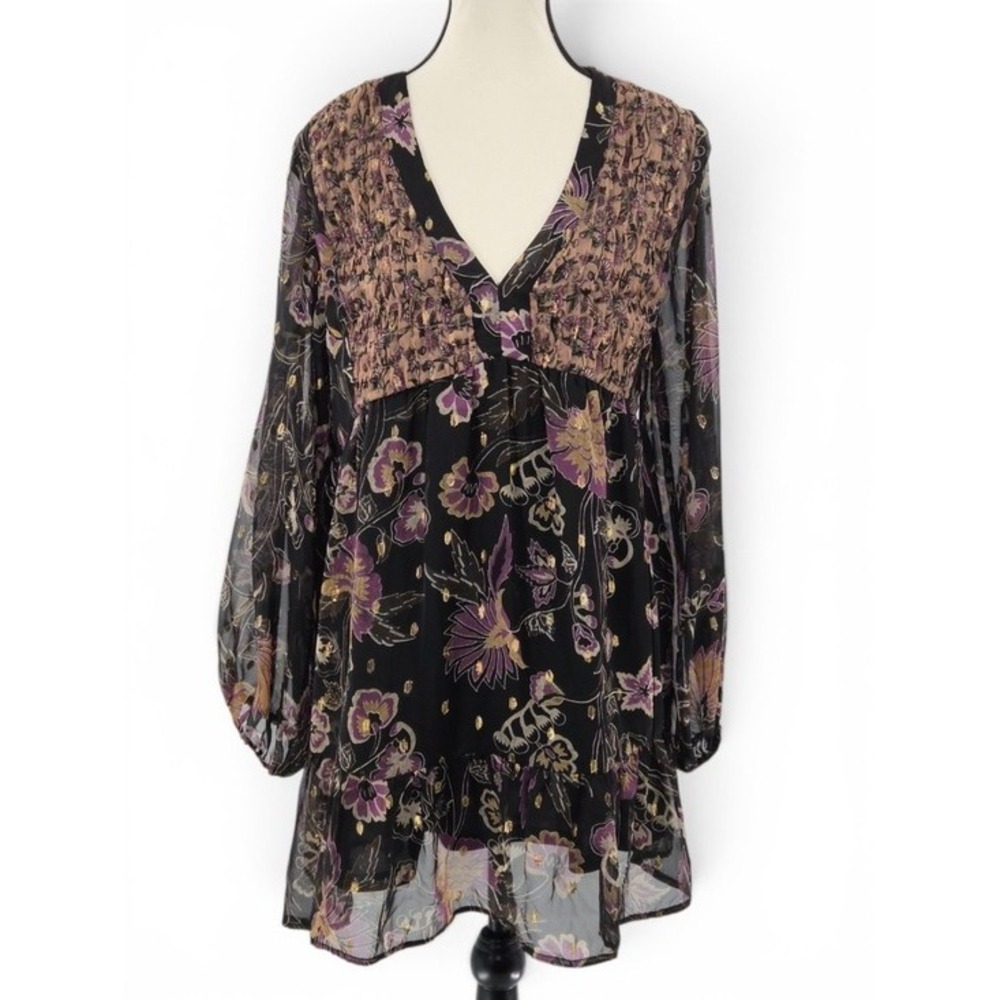 Zara Dark Floral Metallic Thread Mini Dress M Pleated Front Sheer Sleeves Party